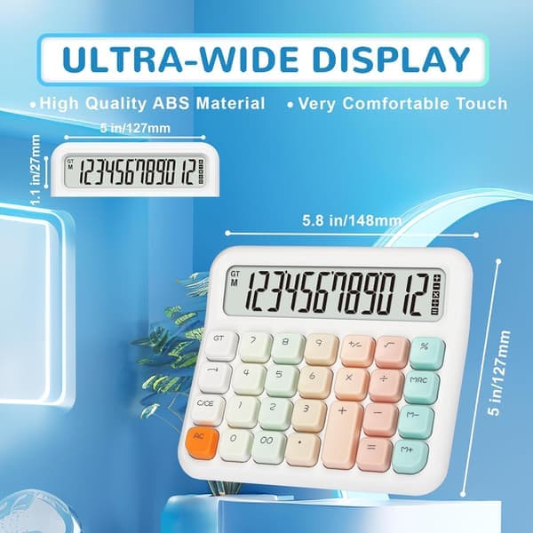 Calculator 12 digits, large display and buttons for desktop, pink calculator with large LCD screen for office, school, home