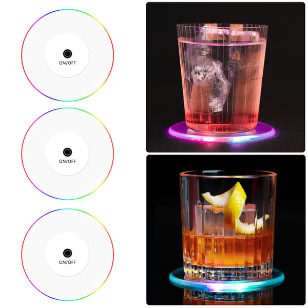 3-pakning Akryl Krystall LED Glød Coasters Bar Cocktail Lys Glit