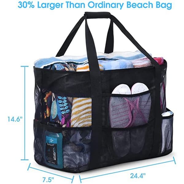 Large Mesh Beach Bag with Zipper, Foldable Sandproof Beach Tote with 7 Storage Pockets for Swimming, Camping, Beach Toy Storage, Unisex