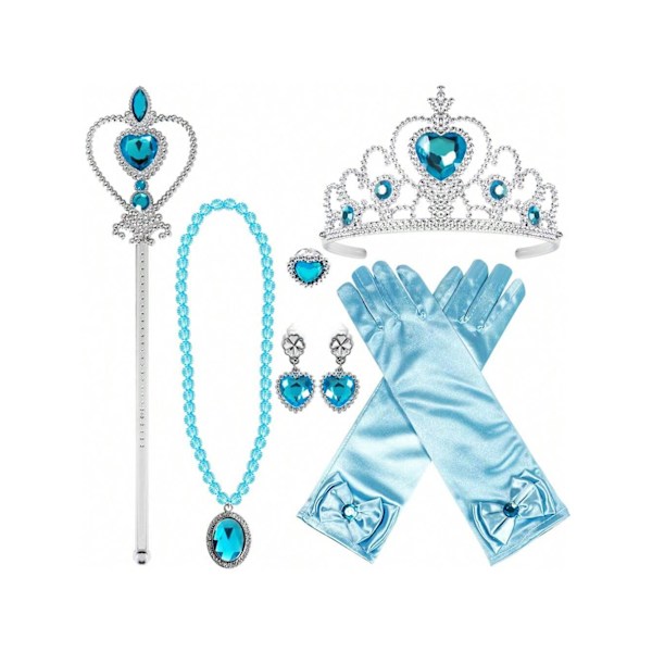 Prinsessekjole tilbehør, 6-delt sæt med krone og scepter til feriefester Blå Blue