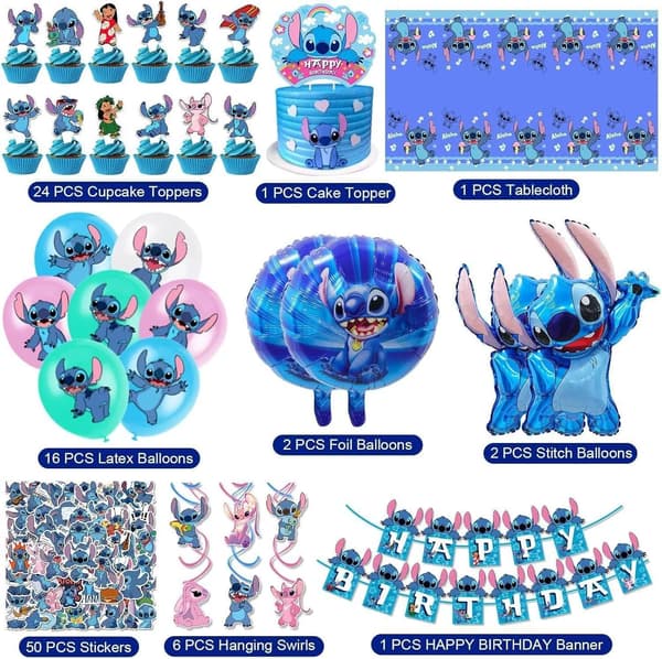 Lilo og Stitch Bursdagsfestdekorasjon, Stitch Bursdagsbanner Kaketopper Ballonger, Stitch Tema Bursdagsfestdekorasjoner-FX-