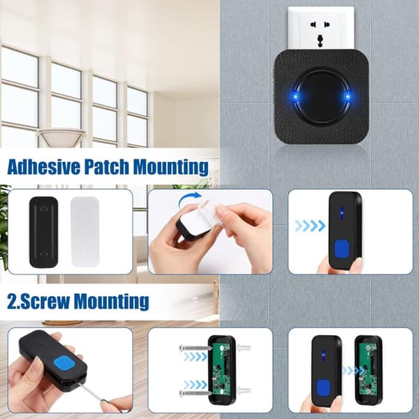 Wireless Doorbell, 300m Range IP55 Waterproof with 1 Plug-in Receiver, 55 Melodies, 5 Volume Levels, LED Flash - Black