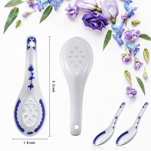 8 Pieces Chinese Style Ceramic Soup Spoons, Blue and White Porcelain Patterned Cutlery
