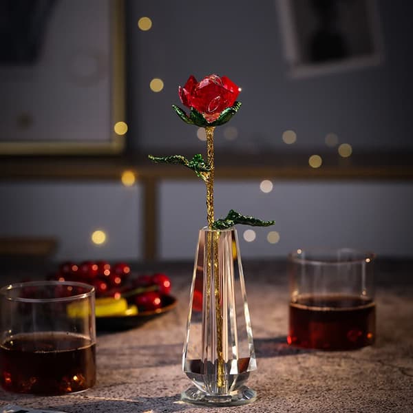 Kristallros Glas Röd Ros Blomma med Gröna Blad Kristall