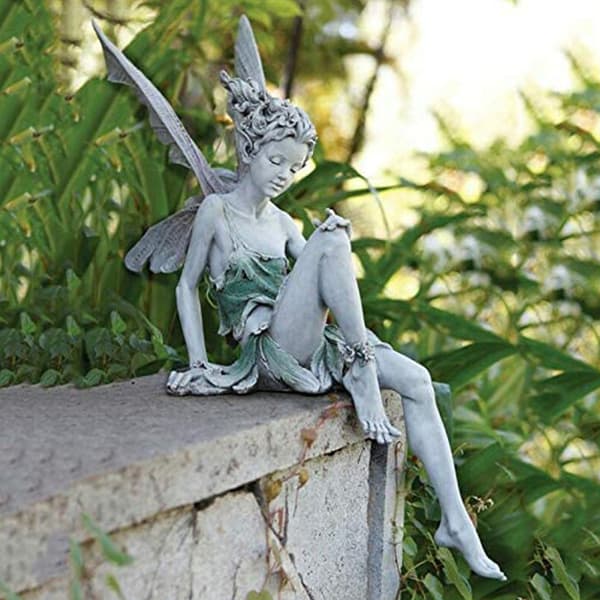 Siddende fe-havestatue i PC, siddende fe-havepynt i harpiks