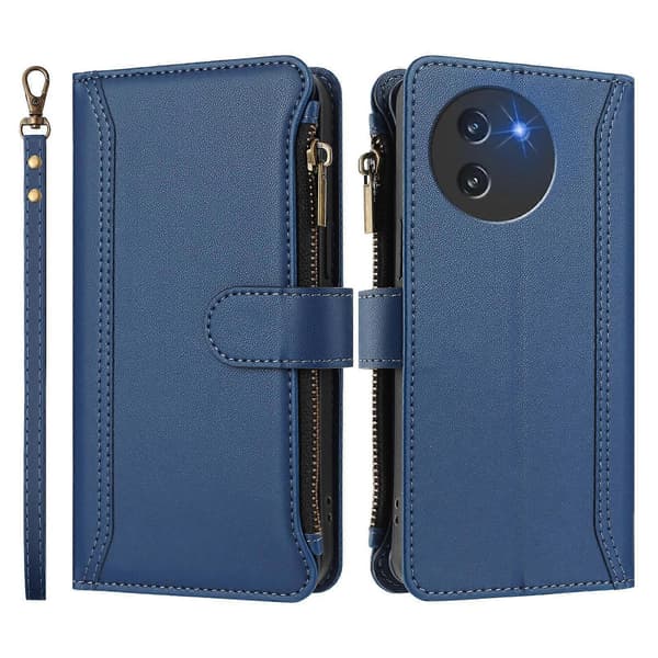 Magnetisk Stängning 9 Kortplatser Dragkedja Läderfodral med Handrem [DB] Mörkblå För Doogee Note 59 5G / Note 59 Pro Dark Blue For Doogee Note 59 5G / Note 59 Pro