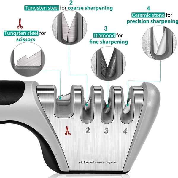 4-in-1 Knife Sharpener - Stainless Steel - Non-Slip Knife Sharpener - Pull-Through Sharpener - 4 Settings - With Non-Slip Base