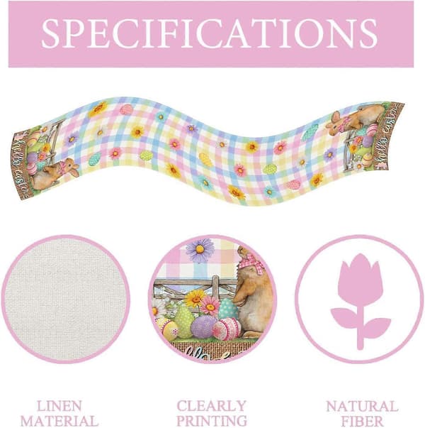 Linen Easter Tablecloth Passalia Tablecloth with Rabbit Decoration and Ribbon, Plaid Easter Tablecloth (FMY)