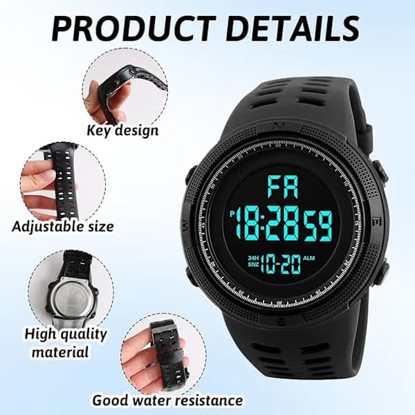 Digitalt ur til mænd, digitale armbåndsure til mænd, vandtæt ur til mænd, ure med lys
