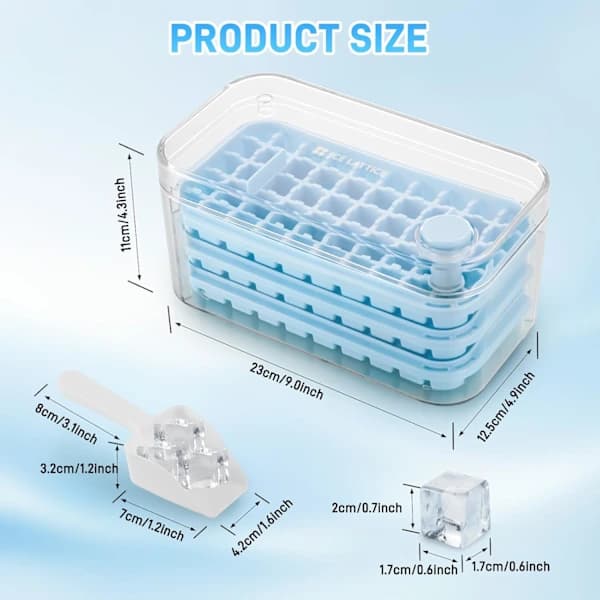 [PL】150 Cubes Ice Mold with Lid Including Container, Easily Press to Release Ice, 3 Tiers, Scoop (Blue)