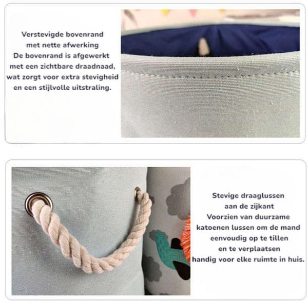 Dinosaur Toy Storage Basket with Drawstring Closure and Handles, Foldable Cotton Linen Laundry Hamper for Nursery, Blue 35x40 cm