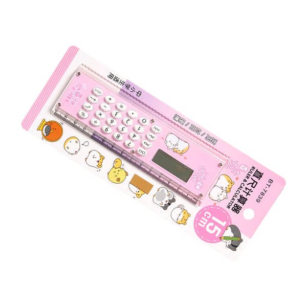 Small Calculator Stylish Cute Ruler Portable Acrylic Material Silicone Buttons External Battery Calculation Tool Pink