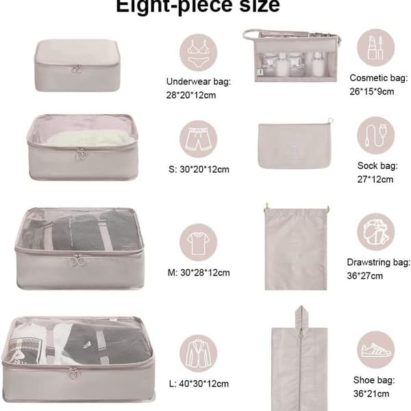 Resväska Organizer Set med 8 Vattentäta Reseplagg Väska (Beige)
