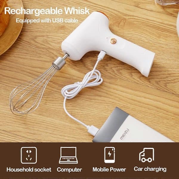 Electric Hand Whisk, USB Rechargeable, Egg Beater with 2 Detachable Whisks with 3 Speed Settings White