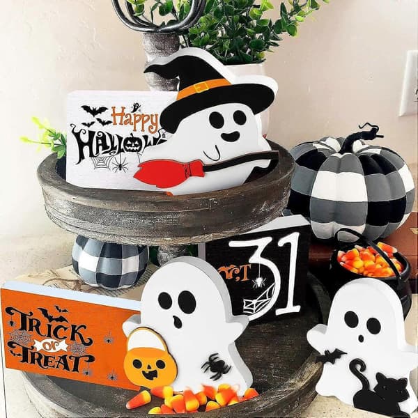 Halloween Creative Ornaments Cute Ghost Shaped Decorations Wooden Desktop Decorations