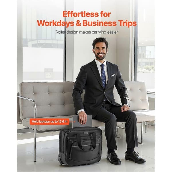 Rolling Laptop Bag with Wheels, Fits up to 15.6-inch Laptop, Rolling Briefcase with Telescopic Handle, Computer Bag
