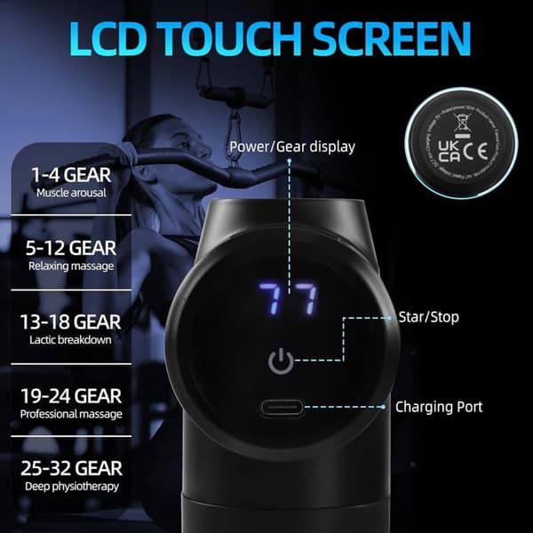 Deep Tissue Massage Gun, 32 Speeds, LCD Touch Screen, 8 Heads for Shoulder, Body, and Back Relaxation, Black