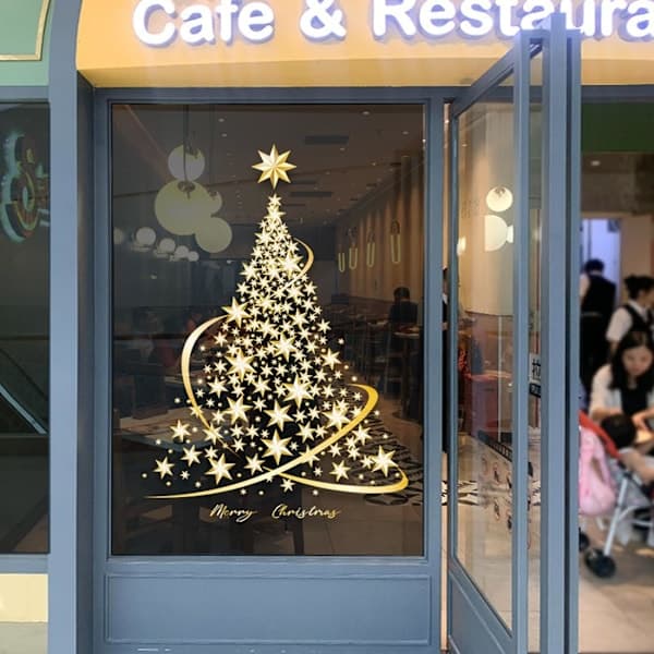 Golden Christmas Tree Glass Window Decals, Large DIY Static Wall Window Door Mural Display Decal Stickers (1 Pack)