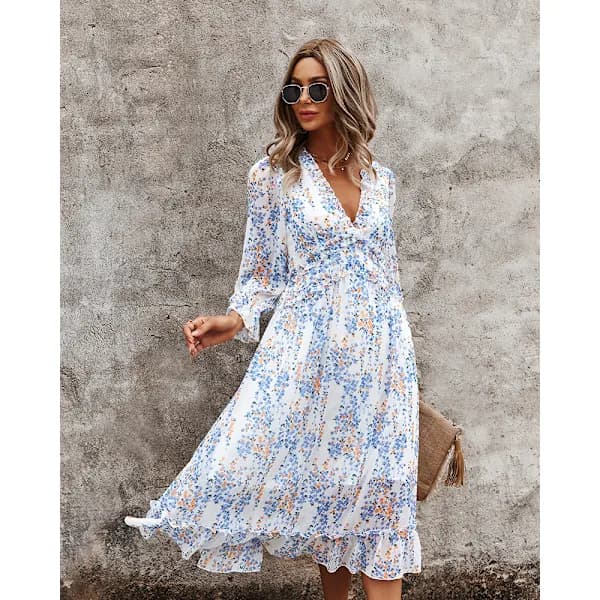 【xj】 Dam Casual Blommig Långärmad Flödande Swing Boho Klänning - M