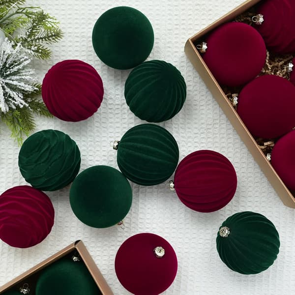 Sammet Julekuler 12-pakning 8cm Knusesikker Tredekorasjon[JUN] Vinrød Wine red