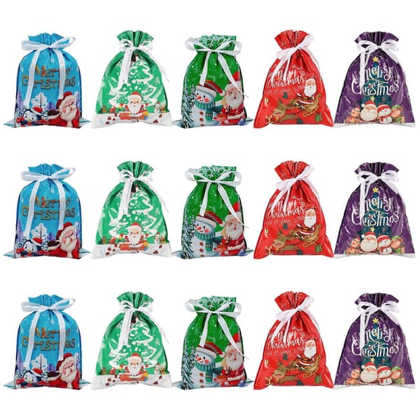 15 st Jul Snörpåse Presentpåsar 2024 Julklappspåsar Blandade Storlekar Julklappspapper Multipack Jul Snörpåse Presentpåsar Multi
