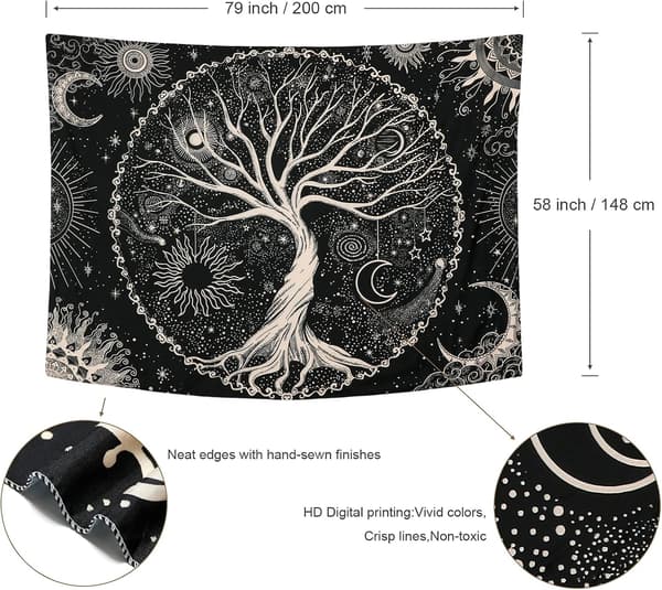 Tree of Life Wall Hanging Moon and Sun Black Psychedelic
