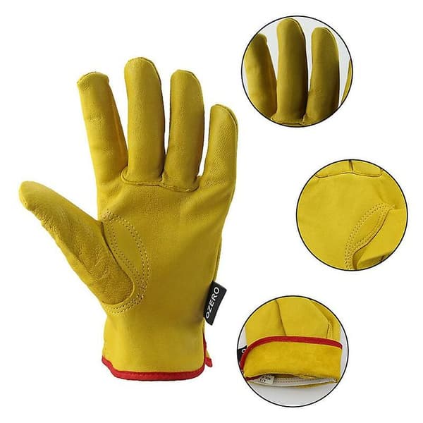 Sheepskin Work Gloves, Puncture Resistant Leather Garden Gloves (Yellow, Size M)