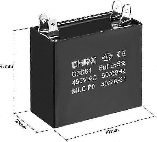 AC Ceiling Fan Capacitors - Bimetallic Insert Polypropylene Film - 47x23x41mm - Cbb61 8uf 450v.