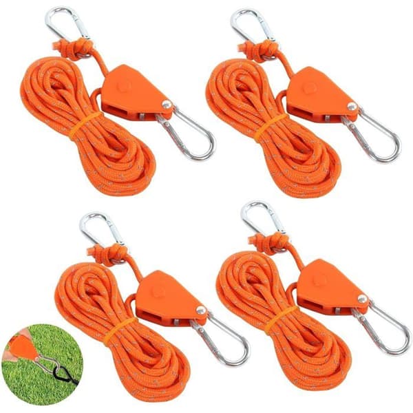 Tie-down strap with hook 4M, 4 pieces of tie-down straps with pulley, 4 mm lightweight camping rope tie-down strap