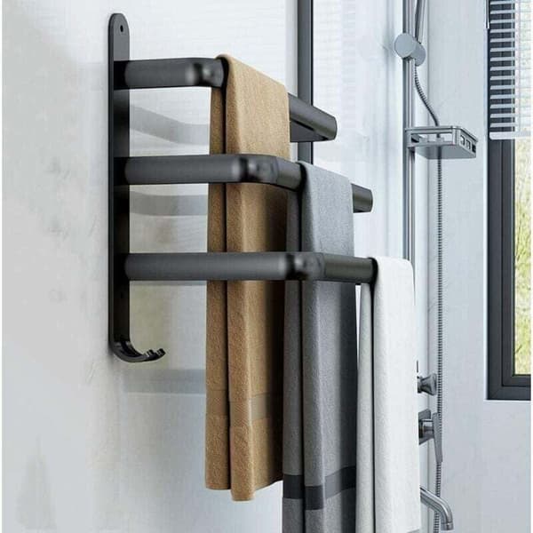Black Towel Rack for Bathroom - Wall Mounted Self-Adhesive Towel Bar - Waterproof with Hook (50cm, Three Bars)