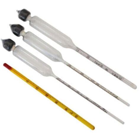 3-piece alcoholmeter set with thermometer. Alcohol content: 0-40%, 40-70%, 70-100% vol. Hydrometer for spirits, distillates, whiskey, cognac