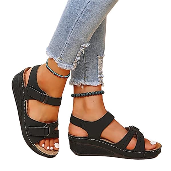 Women's Orthopedic Platform Sandals Open Toe Ankle Strap Black Size 37