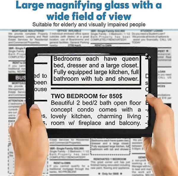 Reading Glasses, 3x Magnification A4 Rectangular Illuminated Magnifier with 4 Bright LED Lights Large Full Page Illuminated Magnifier