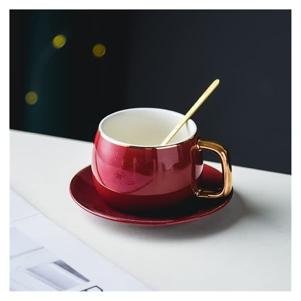 Kaffe- og tekop med underkop, moderne design, porcelænkop og underkop, enkel krus, let luksuriøs espressodrik til te (rød)