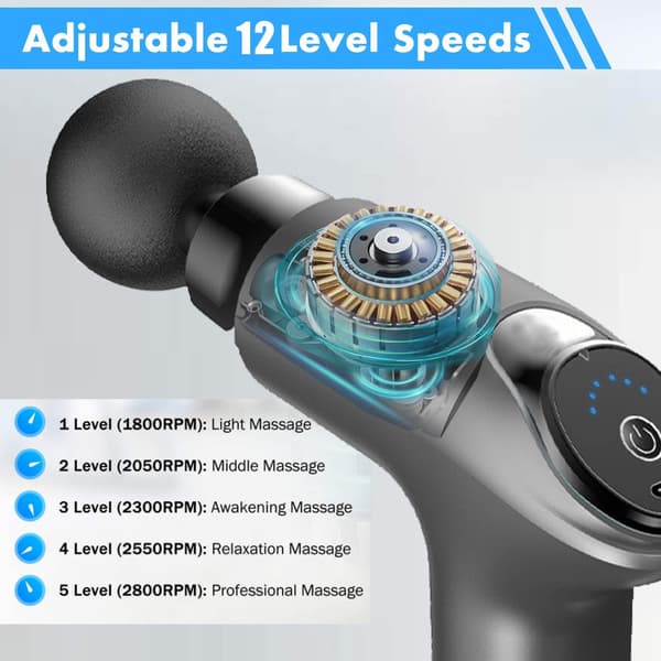 Massagepistol med 4 massagehoveder (sort - 12 hastigheder)