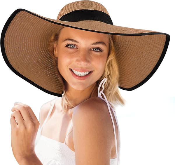 Dame strå solhatt, stor bred brem UPF 50+ (Khaki)