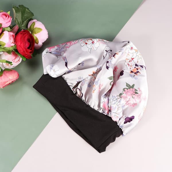Sovehætte til krøllet hår af polyester med kreativt blomstermønster åndbar makeuphætte og nathue til kvinder til hårbeskyttelse til vask -