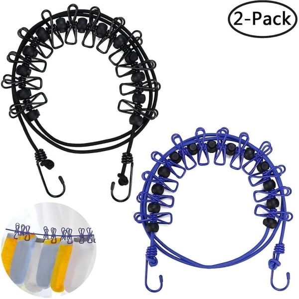 2-pack bärbar reseklädstreck, 12 stift, elastisk, infällbar, vindtät