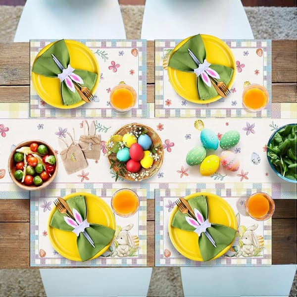Easter Table Decorations, 13x72 inch Buffalo Plaid Spring Easter Bunny and Egg Kitchen Table Decoration (FMY)