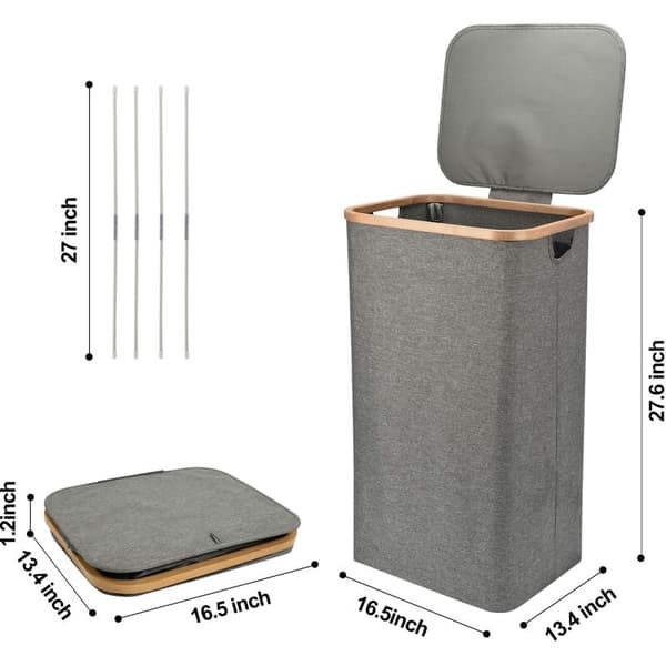 Laundry basket with lid, 1-pack 100L laundry hamper, laundry basket with removable bag, grey laundry baskets with bamboo handles