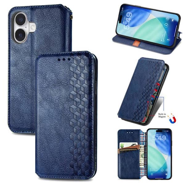 iPhone 17 Case Leather Case with Cubic Grid Pattern and Magnetic Closure Blue Blue