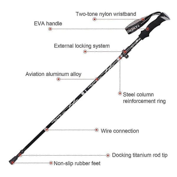 5-delt sammenleggbar turstav Turstaver Gåstav Vandring Naturehike Antishock rød 95-110cm