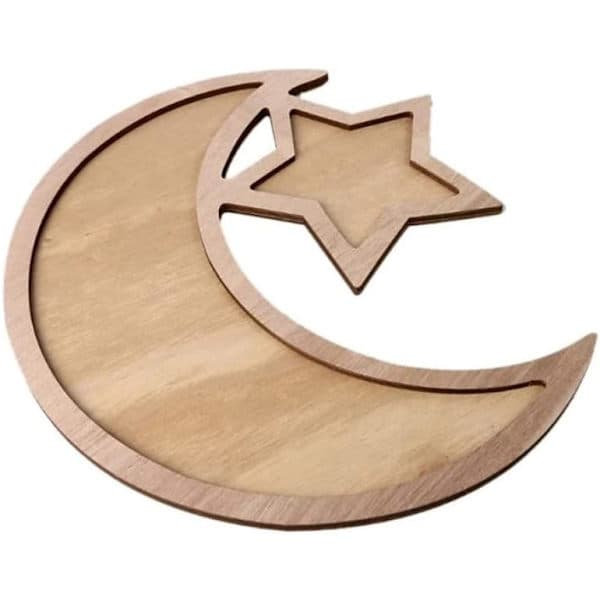 Eid Mubarak matbricka Ramadan trä Eid Mubarak party matserveringsbricka dessertbricka stjärnformad månskärsformad serveringsbricka konstnärlig tallrik
