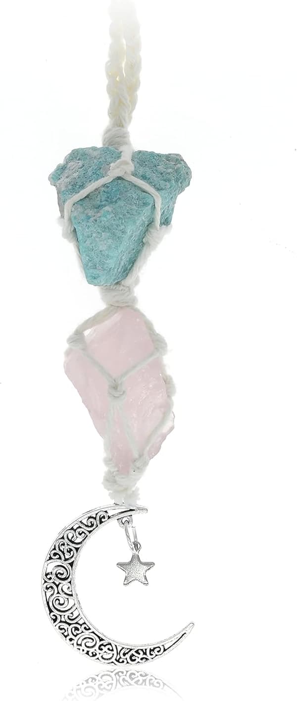 Hanging Car Charm - Amazonite & Rose Quartz - Hanging Moon & DXGHC
