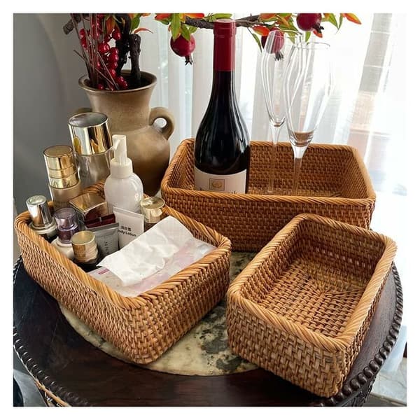 Rectangular Rattan Storage Basket, Woven Fruit Basket, Natural Woven Organizer for Kitchen/Dining Room (Set of 3)