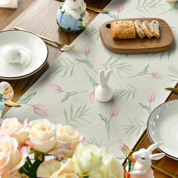 Easter Table Runner with Rabbit and Tulips, Seasonal Spring Tablecloth for Kitchen Table, Perfect for Home Decoration