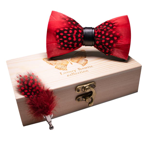 Men's (adjustable) feather and leather bow tie handmade in various colors + dominated wooden boxes