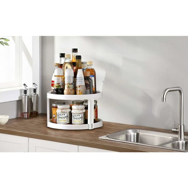 Freestanding Spice Rack for Kitchen, Small Grey and White Spice Rack with Turntable