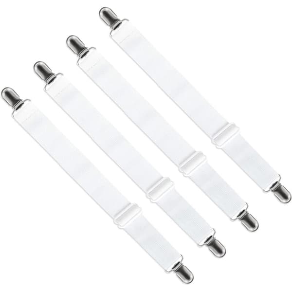 Adjustable Sheet Straps (65cm to 200cm), Adjustable Strap Fasteners for Sheets, Sofa, Ironing Board Covers (White, 4-pack)
