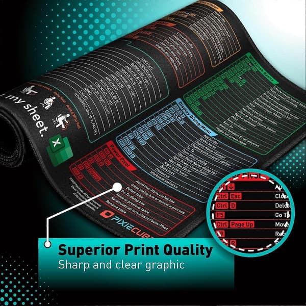 Excel Keyboard Shortcuts Mouse Pad - Extended Large XXL Cheat Sheet Gaming Mouse Mat | PC Office Spreadsheet Keyboard Mat | Non-Slip Stitched Edge
